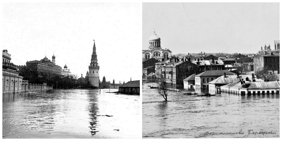 Правый берег в Москве ниже левого. Больше всего доставалось району Дорогомилово и Болотной (не спроста ведь носит свое название). Но как видно из фотографий, в 1908 году наводнением нехило так подтопило и левый берег с кремлевской стеной