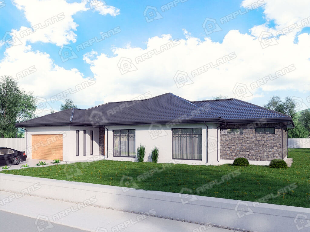 Фото 2 одноэтажного дома из газобетона с 3 спальнями, газовой котельной, гаражом на 2 авто и террасой. Общая площадь 300 кв м. Источник arplans.ru Проект К-162 