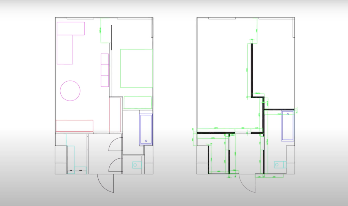 Квартира сдавалась с открытой планировкой, но выделенными «мокрыми» зонами. Пространство распланировали следующим образом — сформировали кухню-гостиную, изолировали спальню и предусмотрели гардеробную с функцией постирочной при входе. На пол во всей квартире, за исключением санузла, уложили кварцвинил, на стенах — покрашенный стеклохолст.