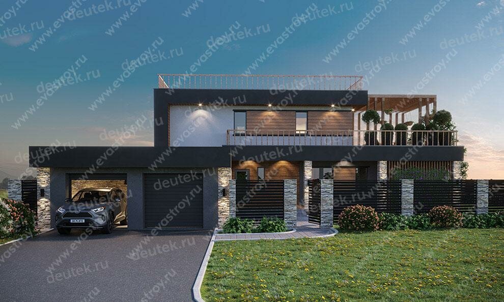 Вид на главный фасад дома. Источник изображения: Дзен-канал "DEUTEK - проектирование домов"