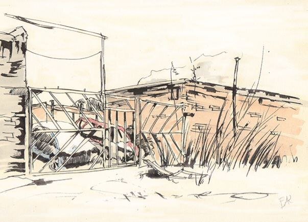 Гаражи, нарисованные инструментом: Pilot Parallel Pen на кремовой бумаге. 