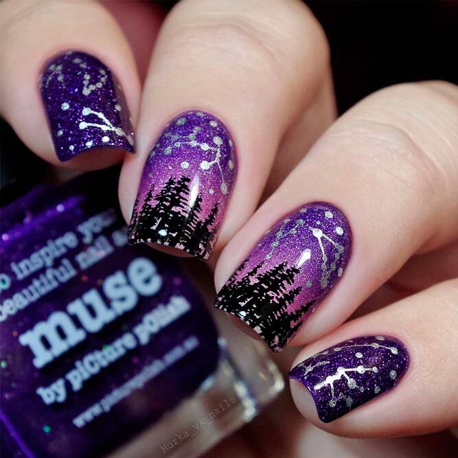 Будьте творческими! Посмотрите на эти фиолетовые ногти с серебристыми звездами. Источник: https://www.instagram.com/murka_vk_nails/