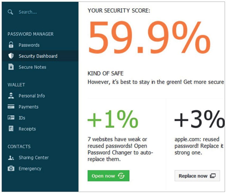 Испытание паролей на безопасность: Dashlane проводит проверку и отображает информацию, где необходимо повысить безопасность