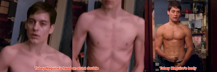 сначала мы видим голову Магуайра, "надетую" на тело дублёра, а после трансформации уже собственное тело Магуайра