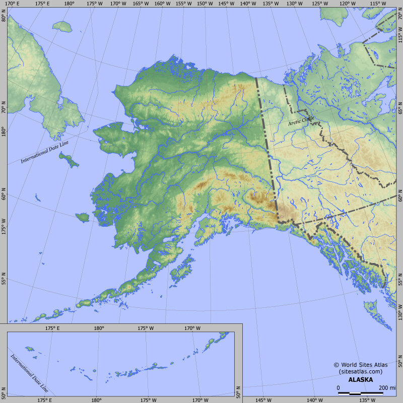 Между аляской. Физическая карта Аляски. Штат Аляска на карте. Территория Аляски на карте. Аляска на карте США.