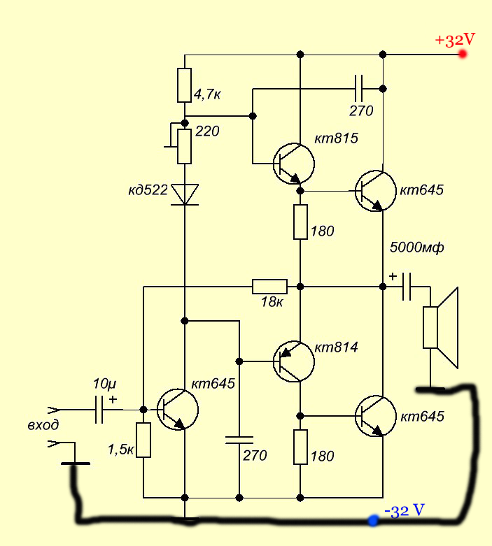 Усилители транзисторах кт. Усилитель 5 ватт на транзисторах. Транзисторный усилитель 100вт схема. Усилитель мощности на транзисторах кт805. Усилитель на транзисторах п4д.