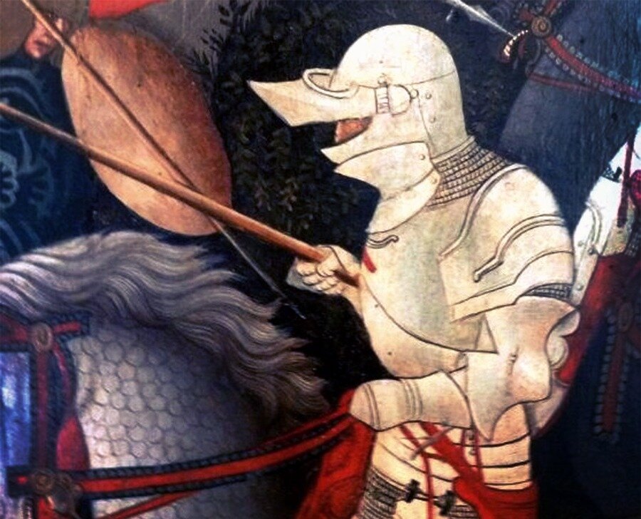 Рыцарь в миланском доспехе середины XV века. Деталь картины Никола да Улиссе 1463 г.