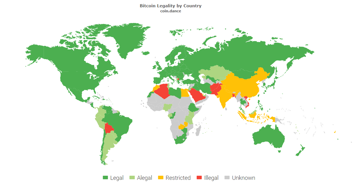 Карта, отображающая уровень легальности криптовалют в мире на примере bitcoin. Данные: CoinDance (по состоянию на 31 июля 2019 года)