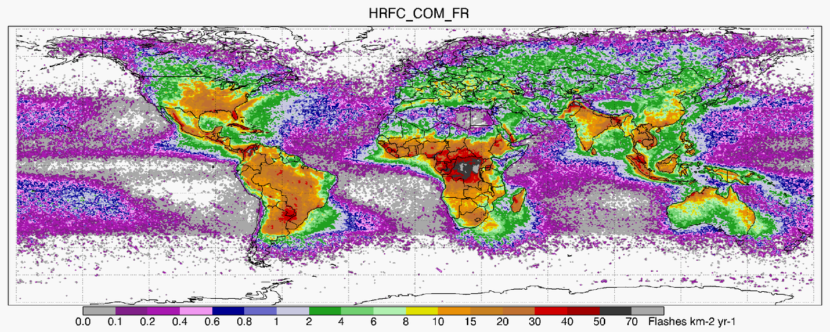 Грозовая активность, измеряемая во вспышках на квадратный км в течении года. Лидеры Африка, США, Бразилия, Азиатские страны (Источник фото: weather.gov)