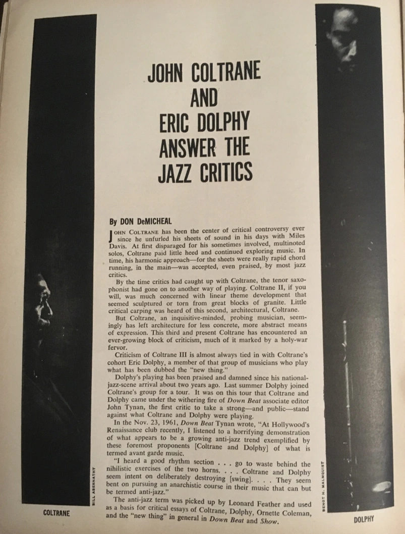 Страница из Down Beat за апрель 1962, на которой редактор Дон ДеМайкл рассказывает предысторию ответов Колтрейна и Долфи джазовым критикам