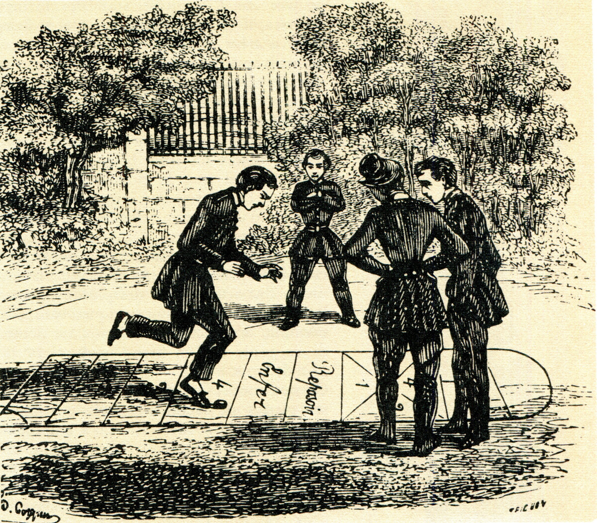 Классики. В эту игру поначалу играли только мальчики, в основном на школьном дворе, замощенном плитами, там удобнее было и прыгать, и чертить классы. Девочки переняли игру во второй половине XIX в.