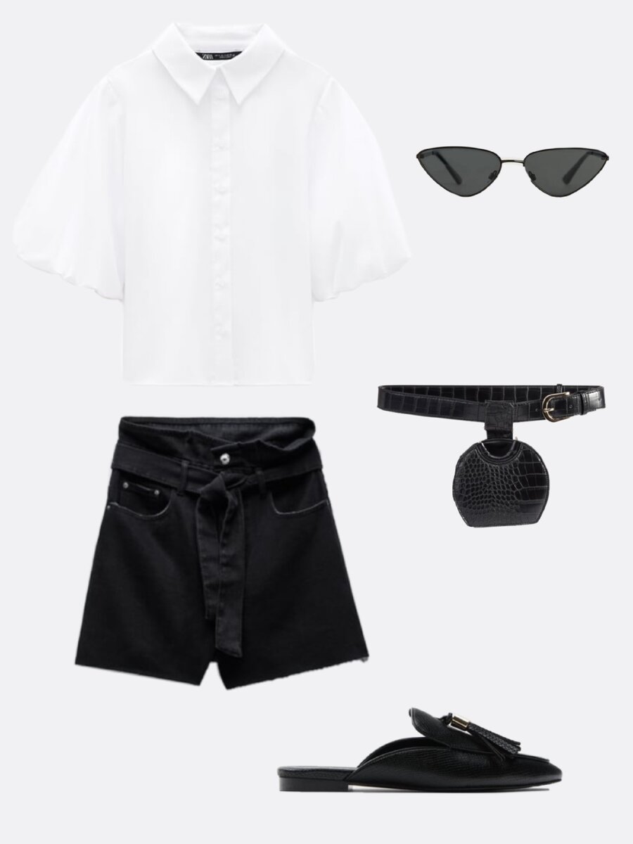 Топ, шорты, обувь - Zara, сумка - Lime, очки - Bershka.