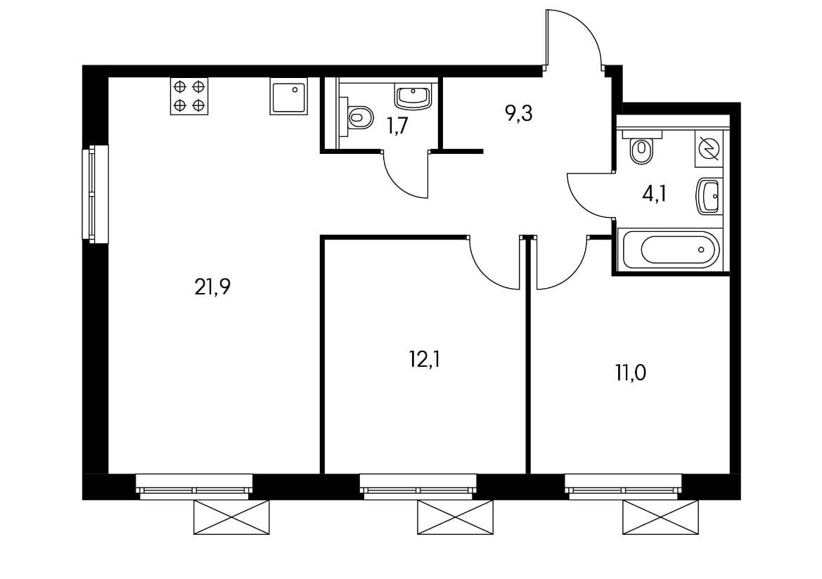 Общий метраж квартиры - 60 квадратных метров.