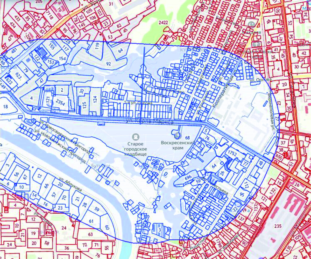 Создать карусельПредполагаемая граница санитарной зоны (синий — границы в радиусе 300 м.). Предварительные данные, расчеты «Народной газеты».