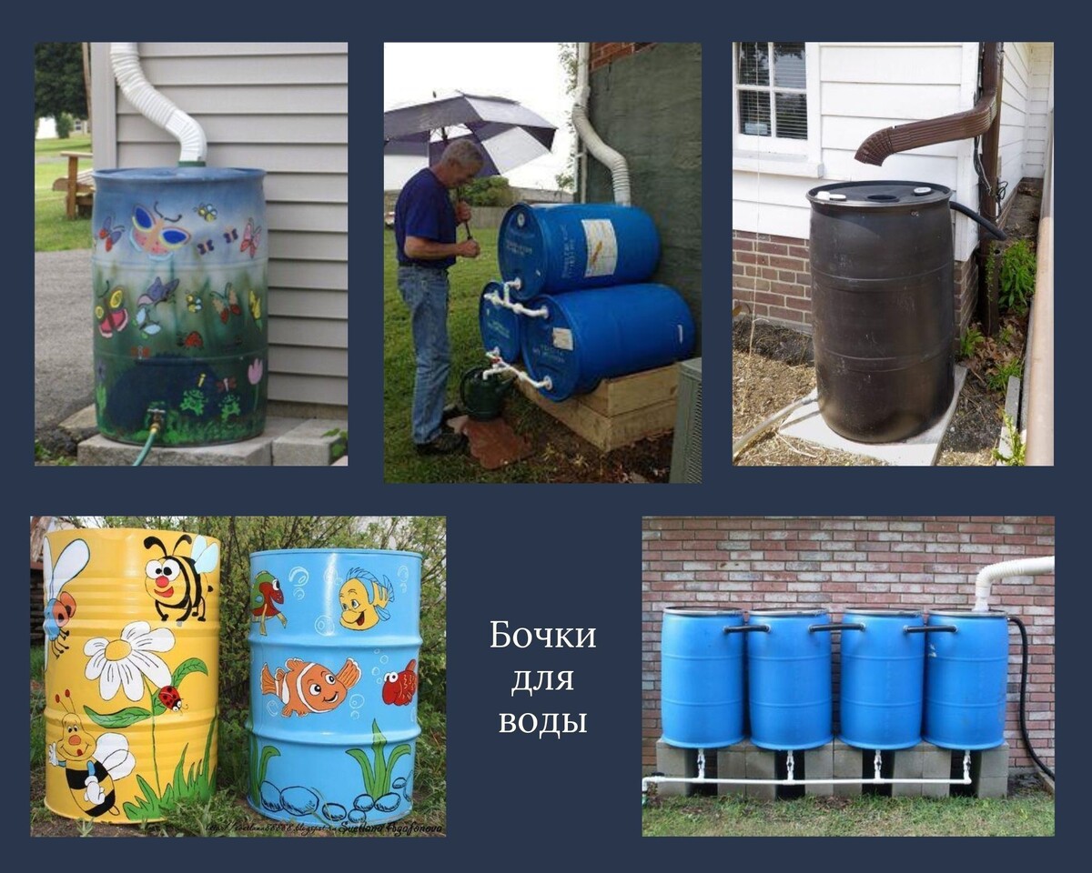 Использовать бочки для сбора и хранения дождевой воды — самая очевидная идея.