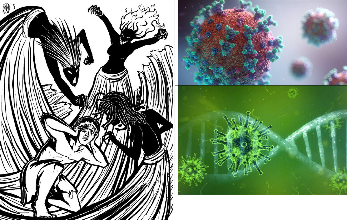 Коллаж мой: Эриннии нападают на человека, насылая КОВИД