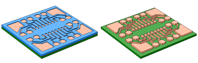 Слева: на проводящий затравочный слой осаждается медь, заполняя участки поверхности печатной платы, не покрытые фоторезистом. Справа: фоторезист удаляется, а открытый затравочный слой вытравливается, чтобы отделить медные проводники друг от друга.