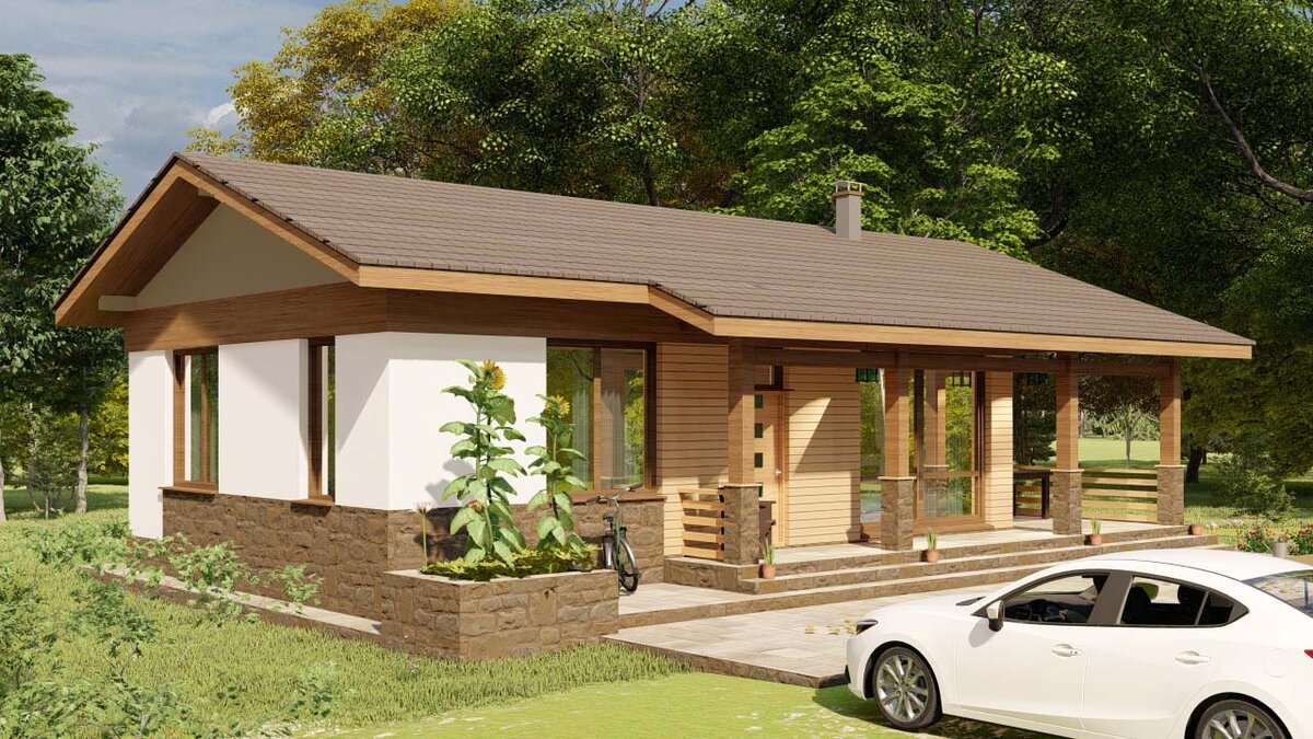 Фасад стилизовали в современном стиле, скомбинировав штукатурку, планкен и камень