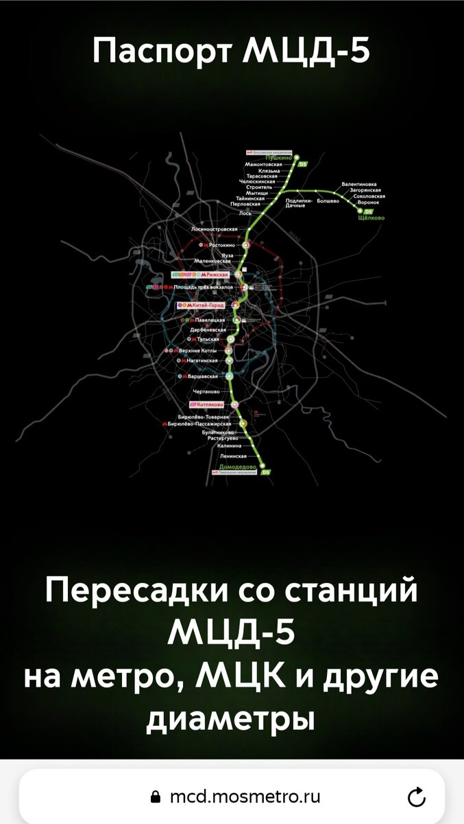 На официальном сайте mcd.mosmetro.ru указано, что МЦД-5 дойдет до ...