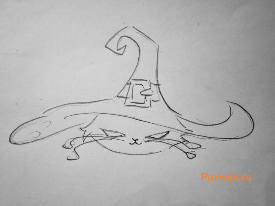 Рисуем глазки и рот кота. Рисуем шляпу карандашом НВ.