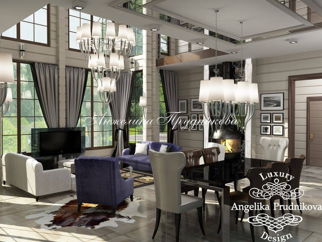 На фото: Дизайн интерьера гостиной в загородном доме из бруса