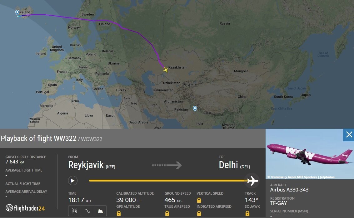 Первый полет A330 TF-GAY над Россией 6 декабря 2018 года. Скриншот flightradar24.com