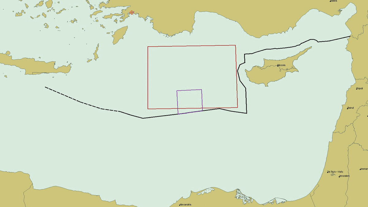 Заявленная в Navtex 00/16/19 первоначальная зона исследований Barbaros Hayrettin Paşa