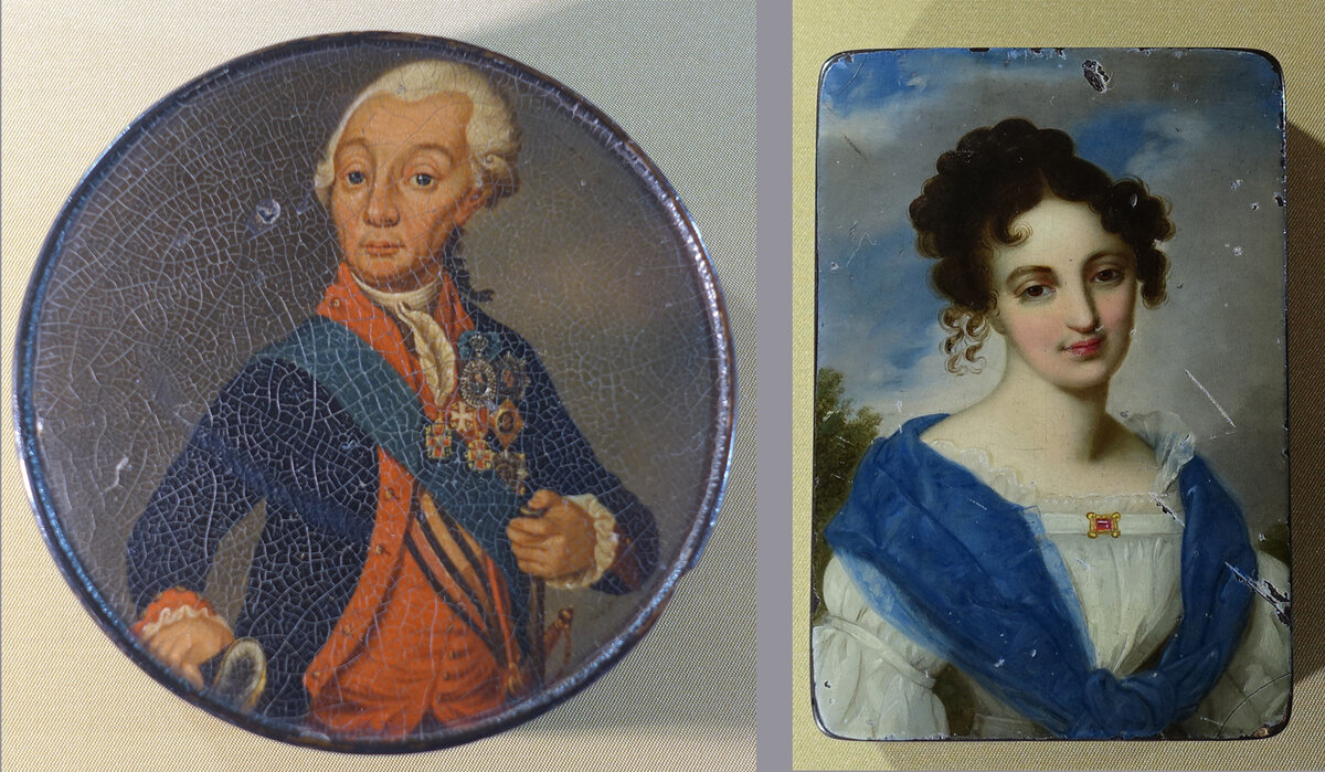 Табакерка с портретом Суворова. Фабрика Коробова и Лукутина; Табакерка с портретом Е.К. Воронцовой. Фабрика Штобвассера XIX век