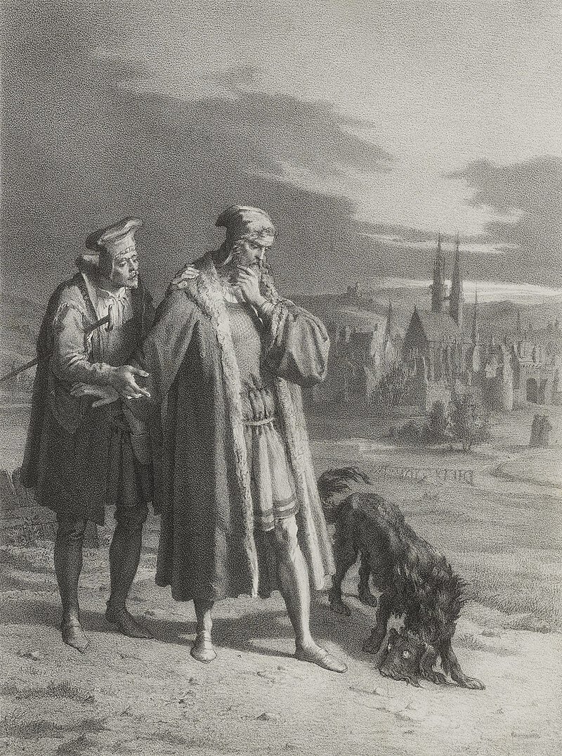 Фауст, его помощник и ученик Вагнер и Мефистофель в образе чёрного пуделя