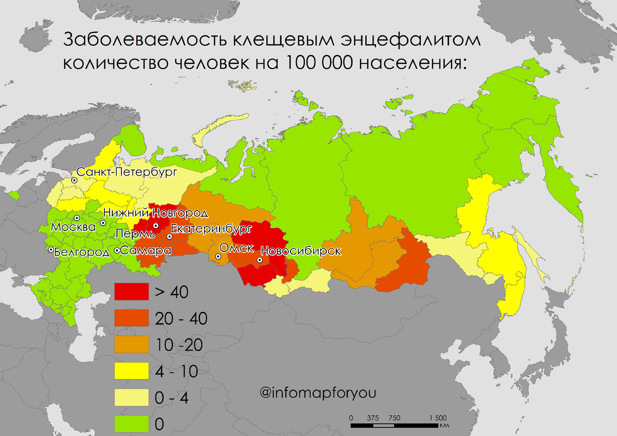 Карта заболеваемости клещевым энцефалитом в регионах России