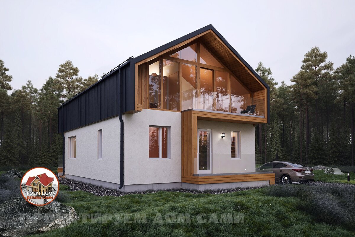 Вид на главный и левый фасады дома. Источник изображения: канал "Проектируем дом САМИ" (zen.yandex.ru/proektdoma), Яндекс Дзен.