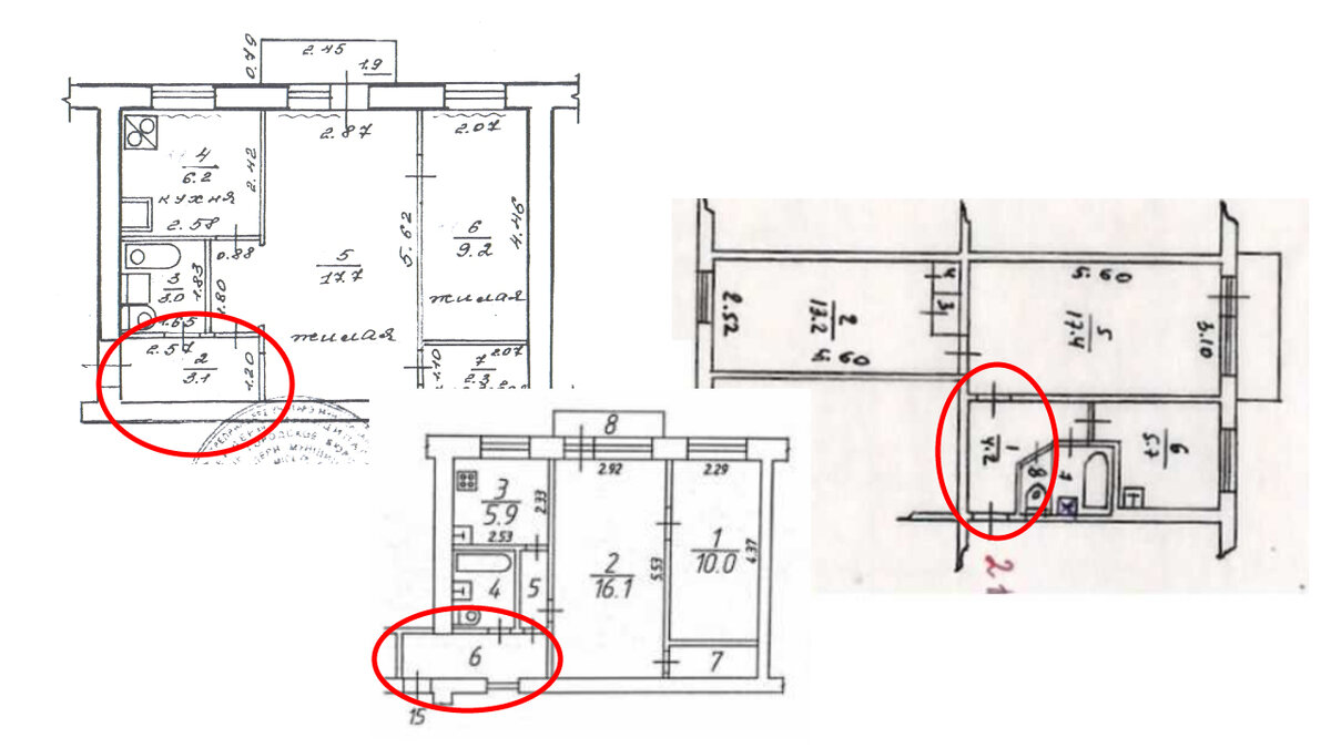 Типичные планы 2-комн. кв. хрущёвок, красным выделен вход.