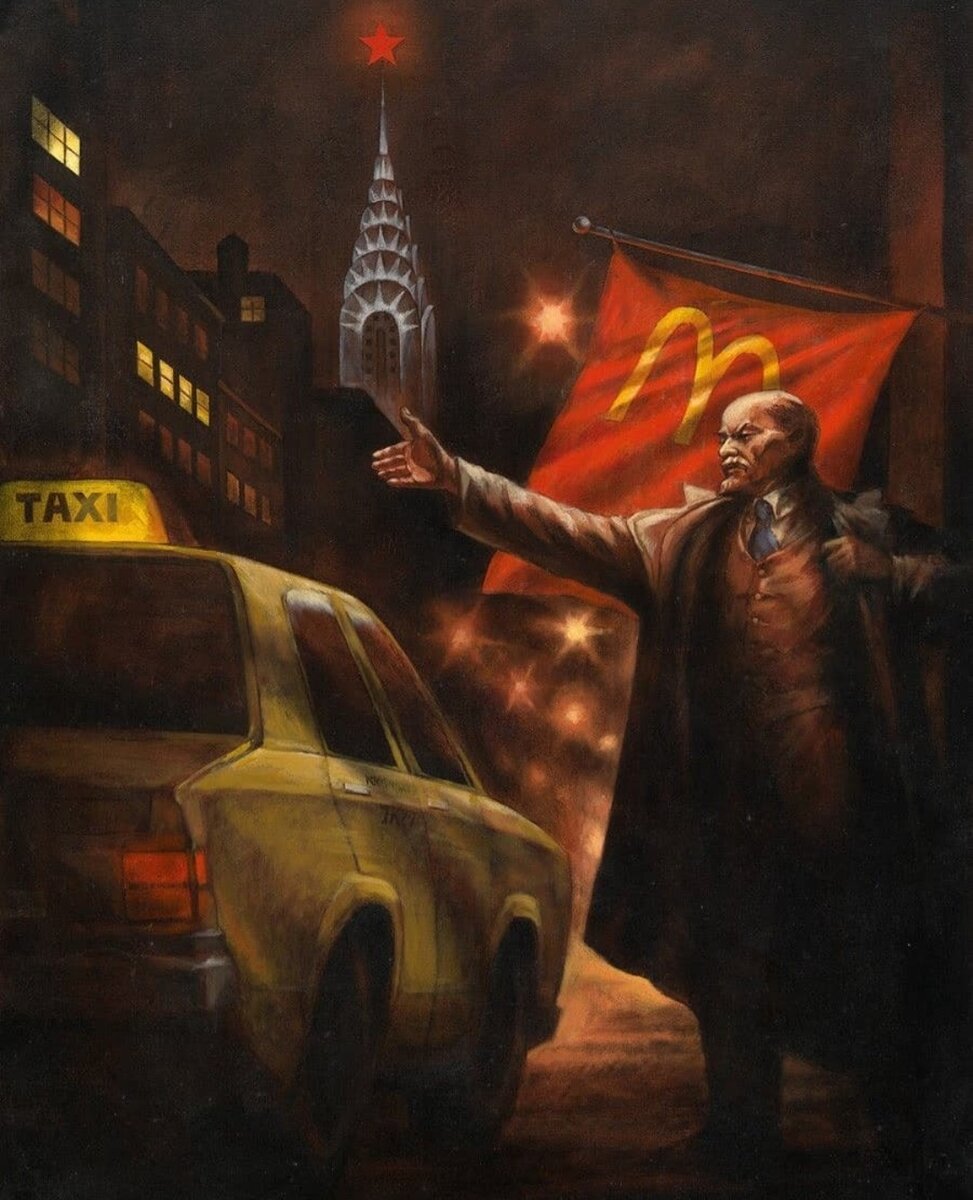 Комар и Меламид "Ленин ловит такси в Нью-Йорке". Из серии "Ностальгический соцреализм", 1993.