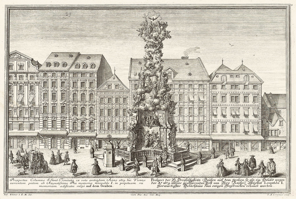 Вена, XVIII век. Чумная колонна /Pestsäule на Грабен. Гравюра, изданная в Аугсбурге в 1724-1737. Изображение не совсем точно. Wien Museum