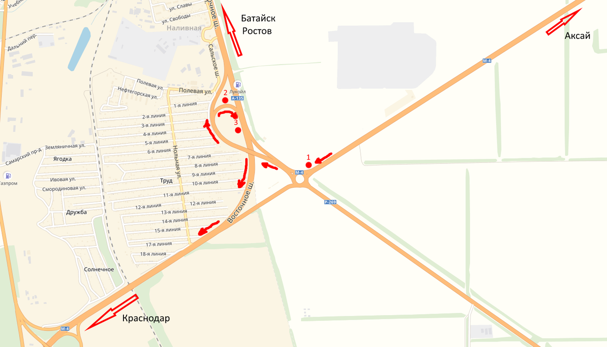 Красными тонкими стрелками обозначена схема проезда, а цифрами патрульные машины . Обычно, где цифра 1, стоит гражданская машина, которая вычисляет машины других регионов и снимает на видео, тех кто не успел перестроиться влево на развязку с разворотом.