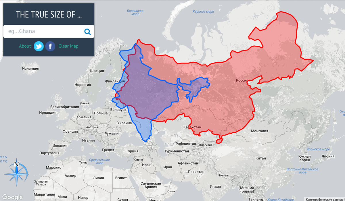 Карта с размерами стран