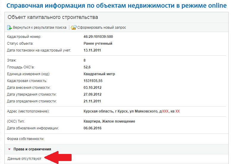 Пример отображения справочной информации об объекте недвижимости онлайн на сайте Росреестра
