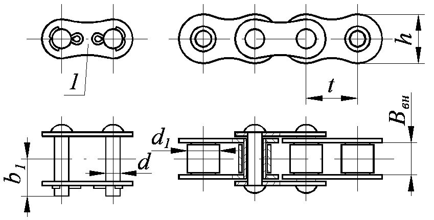 Рисунок втулочно-роликовой цепи, где  d - диаметр втулки, d1 - диаметр ролика