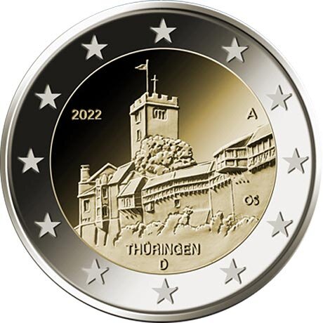 На реверсе монеты 2 евро, размещено: во внешнем круге - традиционные 12 звезд ЕС
во внутреннем круге изображен замок
вверху, слева год выпуска монеты "2022"
внизу "THÜRINGEN"