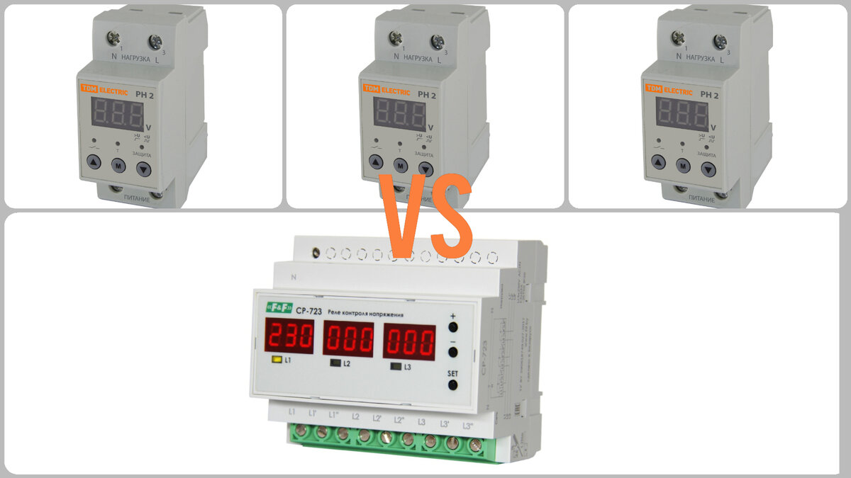 Три однофазных реле напряжения на 63 А против одного трехфазного