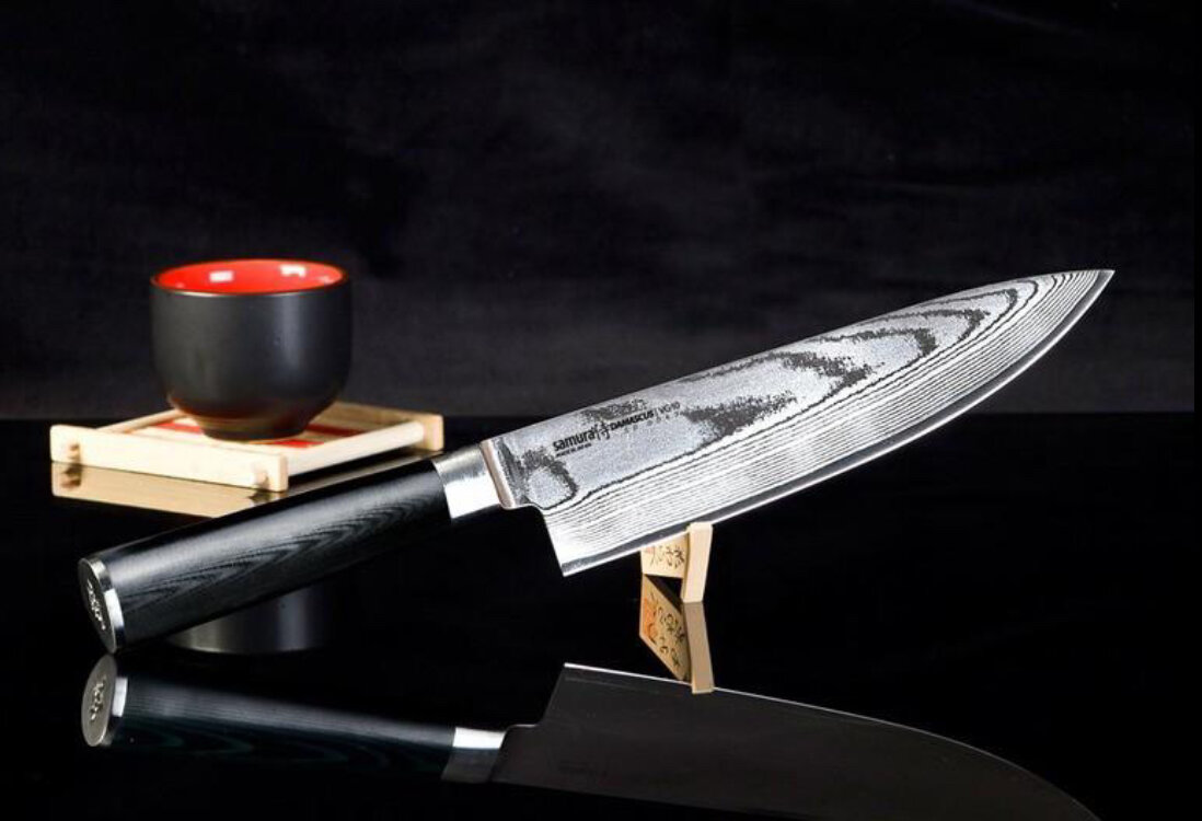 Японский поварской нож. Самура Дамаскус шеф нож. Нож шеф Samura Damascus. Шеф нож Самура дамасская сталь. Нож кухонный Самура Дамаск.