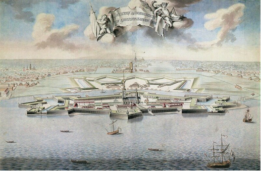 Крепость и кронверк из Атласа карт Петербургского департамента, 1780 г. - начальный геокристалл оседающего Петрополиса. Крепость как бы парит над водой. Кронверк сзади ещё приподнят над поверхностью.
