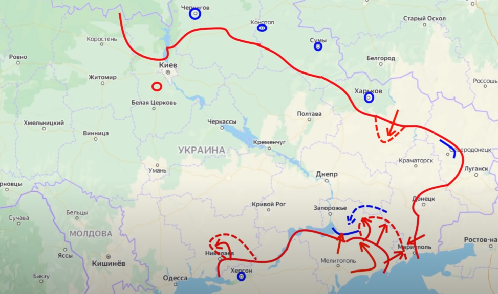 Примерная карта освобожденных территорий. Красным указаны наши позиции, синим позиции врага и блокированные города. 