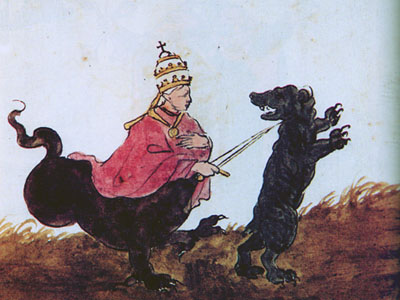 Папа Римский, одетый в багряное (блудница) скачет на драконе (США) против русского медведя. Но не на всех картинках медведь убегает.