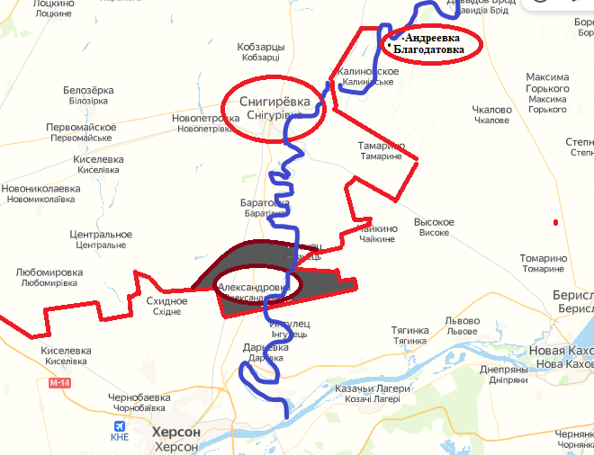 Красным обозначена граница Херсонской и Николаевской областей. Синим - река Ингулец. Линия соприкосновения с севера на юг, огибая Снегиревку, идет практически по реке. Южнее Александровки линия фронта поворачивает на запад и почти совпадает с административной границей областей. 