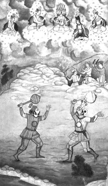 Поединок Бхимы и Дурьодханы. Сверху наблюдают боги с трехликим Брахмой во главе. Они еще не в курсе, что правила будут нарушены