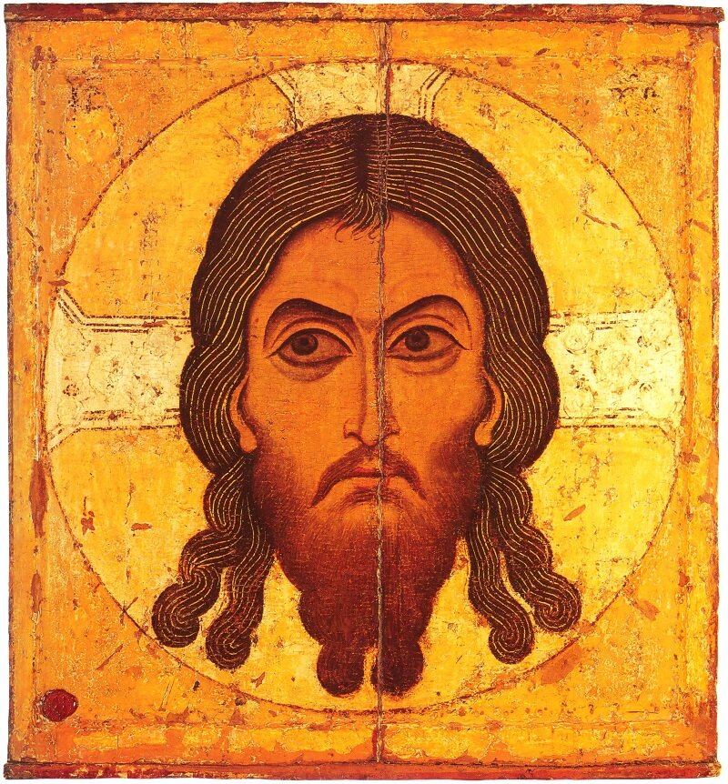 Спас  Нерукотворенный. Двусторонняя выносная икона. Оборот иконы —  «Поклонение Кресту». Новгород. Вторая половина XII в. Москва, ГТГ