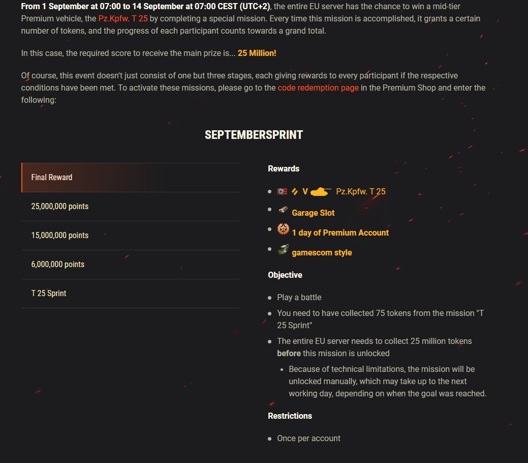 Марафон в сентябре на Pz.Kpfw. T 25 (СТ-5, Германия, прем) у EU игроков. 
У европейцев будет сразу 2 марафона в грядущем осеннем месяце.-2