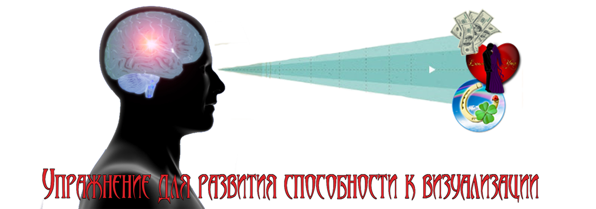 Представьте себе красный шар. Удерживайте этот образ перед внутренним взором хотя бы секунд 15. Постепенно увеличивайте это время минимум до минуты. 
Представьте себе красный шар и меняйте его цвета в соответствии с цветами радуги, от красного до фиолетового. Потом - в обратном порядке.

Послушайте или вспомните какую-нибудь приятную мелодию. Удерживайте её у себя в голове хотя бы 15 секунд, в ходе тренировок увеличивая это время по крайней мере до минуты. Лучше, если мелодия будет состоять всего из нескольких нот.

Увеличивайте и уменьшайте громкость мелодии у себя в мыслях.

Если вы знакомы с какими-нибудь музыкальными инструментами, представляйте себе, как эта мелодия будет звучать на разных - например, на гитаре, на флейте, на скрипке и так далее.

Представьте, что ваша рука лежит на холодном предмете. Задержите это ощущение в руке на 15 секунд, постепенно доводя как минимум до минуты.

Меняйте температуру предмета от холодной до горячей и обратно. При этом рука должна почти физически это ощущать.

Меняйте плотность предмета от твёрдой к мягкой и обратно.

Меняйте форму и поверхность предмета (гладкая, пупырчатая и так далее).
Цель упражнений - научиться создавать, задерживать и изменять образ в своих мыслях и перед внутренним взором.

Представьте себе море. Сначала представьте что-то одно - или картинку, или звук волн, или, например, ощущение морской воды. Удерживайте этот образ как минимум минуту.
Потом добавьте вторую характеристику (например, к картинке моря добавьте шум волн, крики чаек и так далее). Снова удерживайте образ.
Постепенно тренируйтесь создавать образ всего моря в целом - с видами, звуками, запахами, теплом солнца, холодом воды, ветром и так далее. И тренируйтесь удерживать весь этот полный образ перед внутренним взором.

Точно так же представьте себе лес, реку, горы, поле.
Создаваемые образы не должны вызывать у вас негативных ощущений.
Любому магу полезно овладеть методом визуализации и использовать его в своей работе до тех пор, пока он не продвинется дальше и не сможет обходиться без неё.