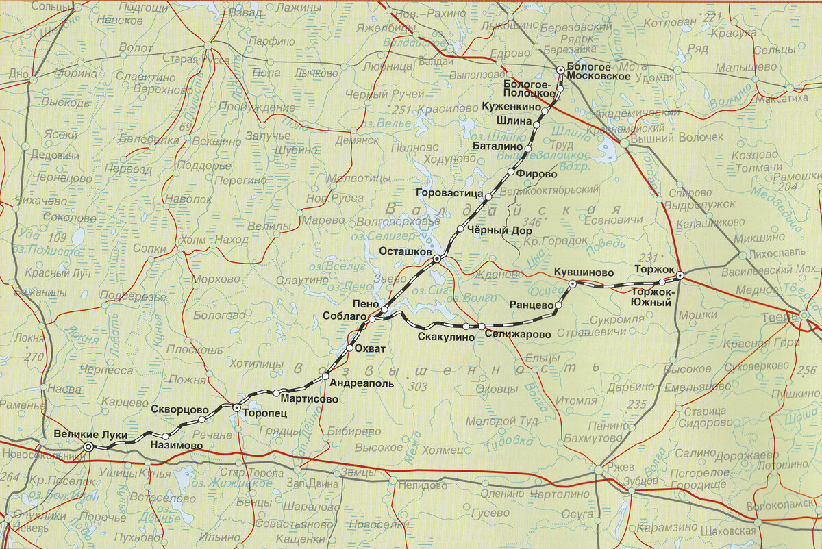 Карта-схема Бологое-Полоцкой линии ОКТ ж.д. с прилегающей веткой на Торжок